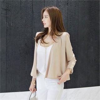 Padded-shoulder Open-front Chiffon Blazer