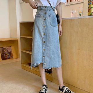 Frayed Washed Denim Midi A-line Skirt