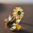 Rhinestone Flower & Bee Open Ring Gold - One Size