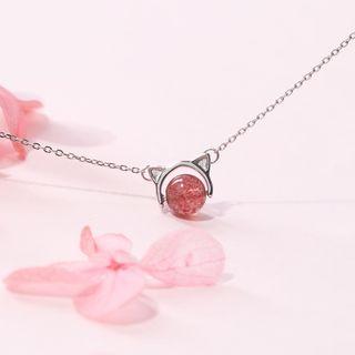 Set: 925 Sterling Silver Cat & Bead Pendant Necklace + Dangle Earring Necklace & Threader Earring - Bead - Pink - One Size