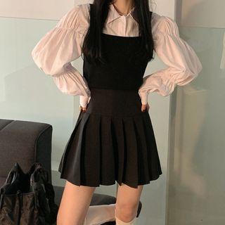 Long-sleeve Shirt / Spaghetti Strap Top / Pleated Mini A-line Skirt