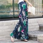 Band-waist Frill-hem Pattern Wide-leg Pants
