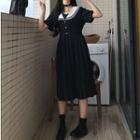 Short-sleeve Pleated A-line Dress Black - One Size
