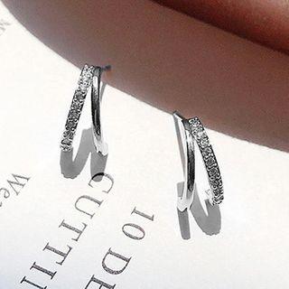 925 Sterling Silver Rhinestone Layered Open Hoop Earring 1 Pair - Silver - One Size