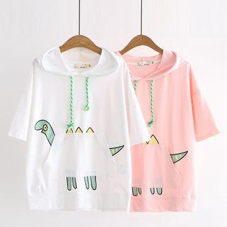 Hooded Short-sleeve Dinosaur Print T-shirt