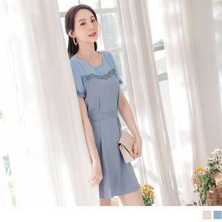 Short Sleeve Lace Panel Tie-waist Mini A-line Dress