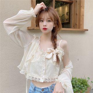 Set: Puff-sleeve Ruffled Blouse + Camisole Top
