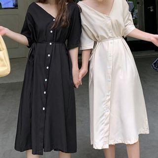 Short-sleeve Button-up Midi Smock Dress
