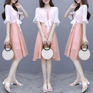 Set: Spaghetti-strap Polka Dot A-line Dress + Light Jacket