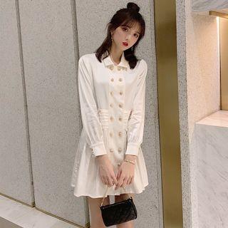 Long-sleeve Double-breasted Mini Pleated Dress As Shown In Figure - One Size