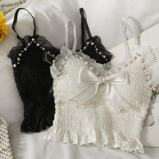 Pearl-trim Ribbon-accent Smocked Crop Top
