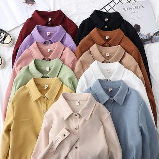 Collared Long-sleeve Plain Shirt