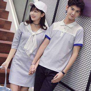 Couple Matching Striped Panel Short Sleeve Polo Shirt / Mock Two Piece Striped Elbow Sleeve Dress