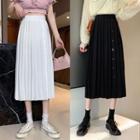 High Waist Plain Single Breasted Pleated Long Skirt