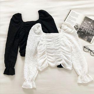 Plain Frilled Square-neck Long-sleeve Blouse