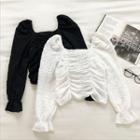 Plain Frilled Square-neck Long-sleeve Blouse