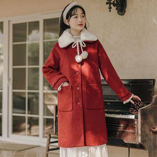 Detachable Fluffy Pom Pom Collar Button Coat