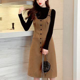 Set: Long-sleeve Mock-neck Knit Top + Pinafore Dress