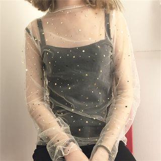 Star Sequined Long Sleeve Mesh Top