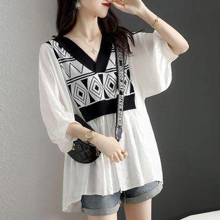 Elbow-sleeve V-neck Geometric Panel Blouse