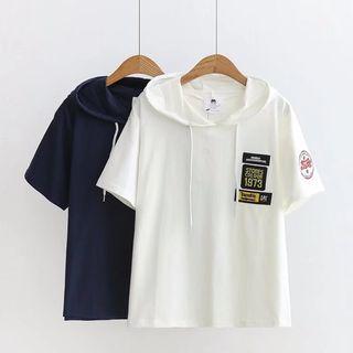 Applique Short-sleeve Hooded T-shirt