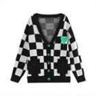 Heart Patch Checkerboard V-neck Cardigan Black - One Size