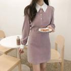 Two-tone Collared Long-sleeve Mini A-line Dress