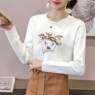 Long-sleeve Embroidered Knit Top White - One Size