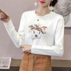 Long-sleeve Embroidered Knit Top White - One Size