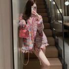 V-neck Distressed Cardigan Blue & Pink & Purple - One Size