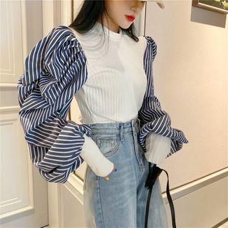 Contrast Color Puff Sleeve Striped Shirt