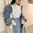 Contrast Color Puff Sleeve Striped Shirt