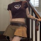 Short-sleeve Heart Print T-shirt / Mini A-line Skirt