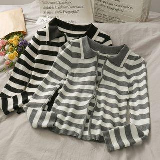 Collared Striped Zipper Knit Top