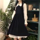 Long-sleeve Frill Trim Plain Midi Dress / Midi Overall Dress