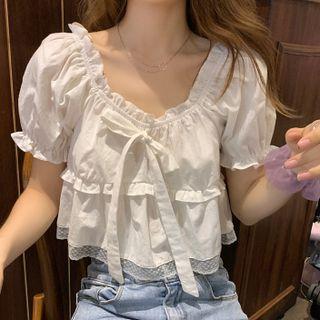 Puff-sleeve Bow Panel Ruffled Trim Plain Lace Blouse White - One Size