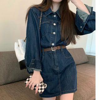 Set: Mini Denim Shirt Dress + Belt
