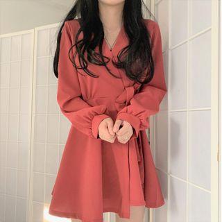 Long-sleeve Sashed Mini A-line Dress