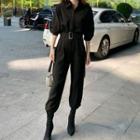 Elbow-sleeve Belted Shirt Jumpsuit
