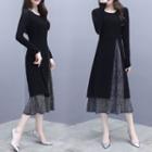 Set: Long-sleeve Slit-side Dress + Sleeveless A-line Midi Dress