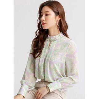 Stand-collar Cutout Pleated Floral Blouse