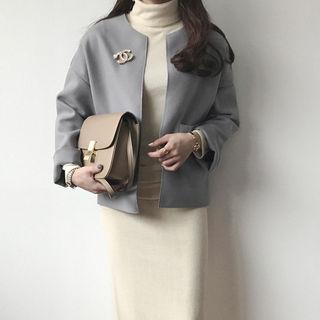 Round-neck Open-front Wool Blend Jacket