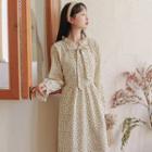 Long-sleeve Floral Print Midi A-line Dress / Button-up Sweater Vest / Set