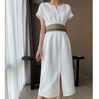 Split-neck Short-sleeve Midi Sheath Dress