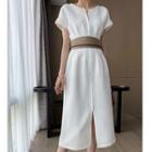 Split-neck Short-sleeve Midi Sheath Dress