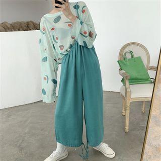 Long-sleeve Avocado Print Mesh Top / Asymmetric Wide Leg Jumper Pants