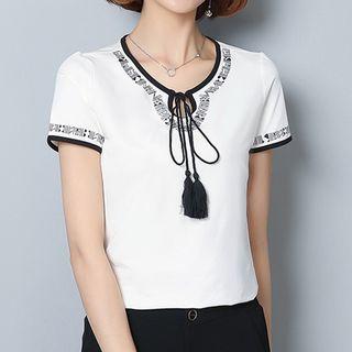 Print Short-sleeve Top With Tassel