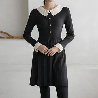 Contrast-collar Pleated Knit Dress Black - One Size
