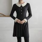Contrast-collar Pleated Knit Dress Black - One Size