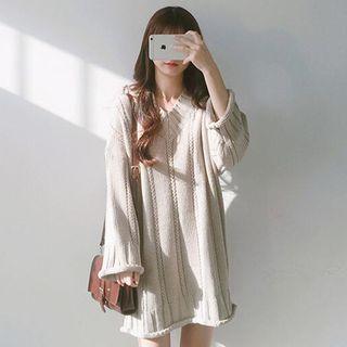Loose-fit Cable Knit Plain V-neck Knit Dress